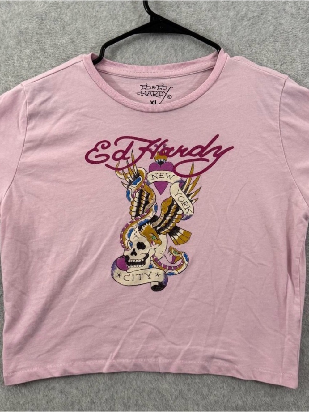 Ed Hardy Shirt Women's XL Pink New York City Scull Eagle Snake Heart Tattoo Y2K